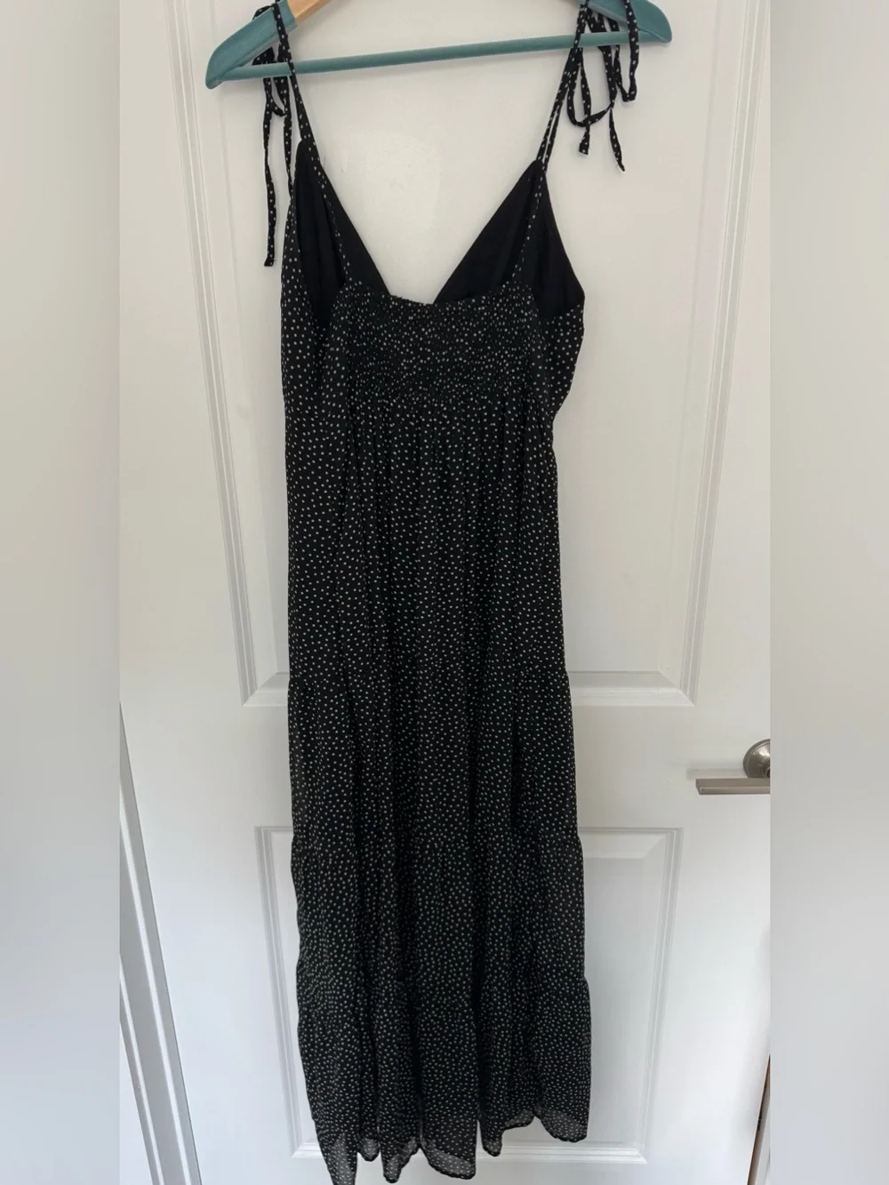 Abercrombie & Fitch V Neck Tiered Black Polka Dot Maxi Dress with Tie Straps
